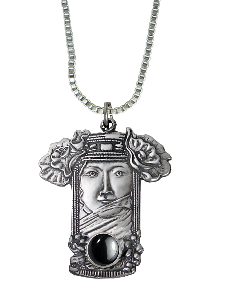 Sterling Silver Veiled Woman Maiden Pendant With Hematite